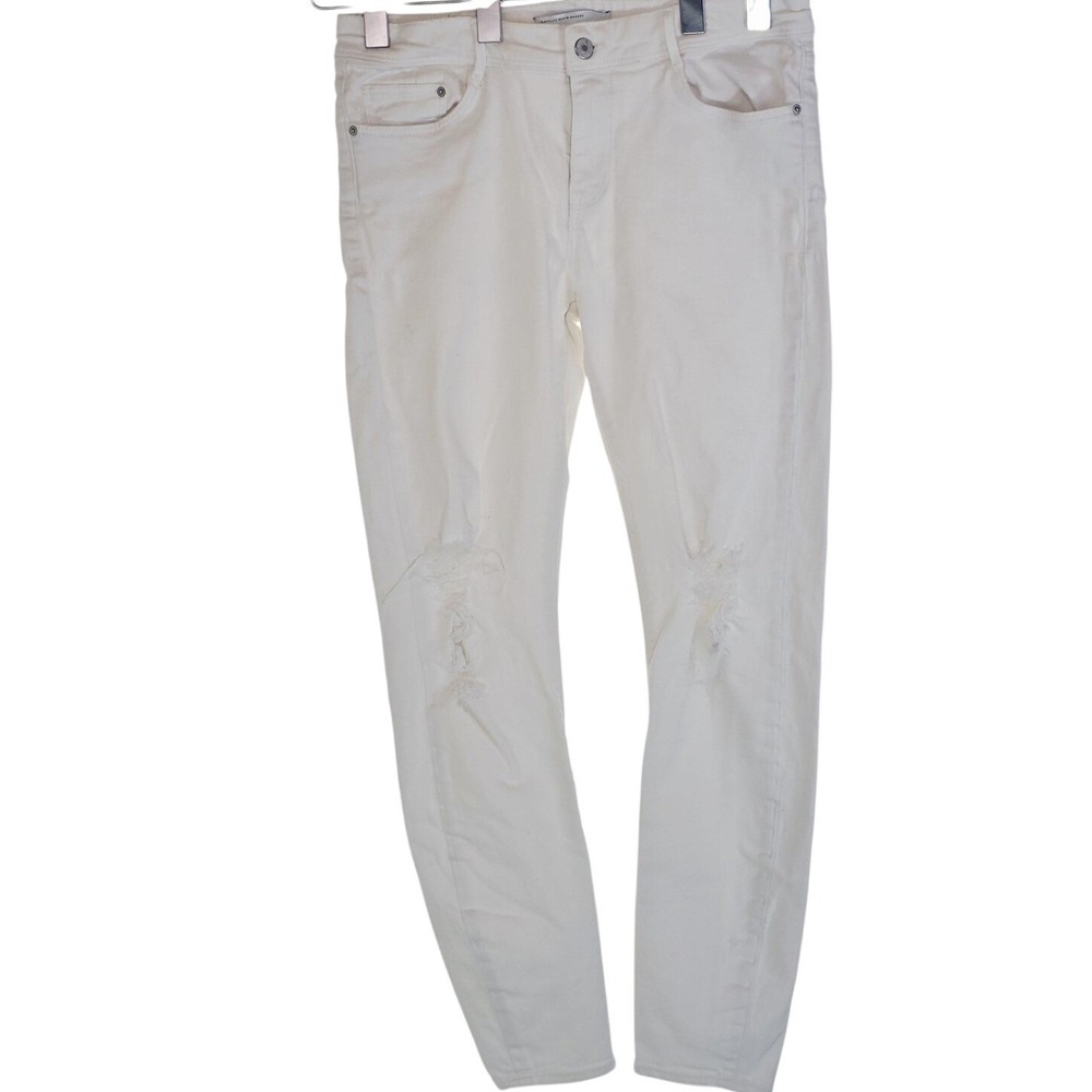Zara Trafaluc Jeans Womens 8 White Mid Rise Skinny Distressed Denim Pants Casual